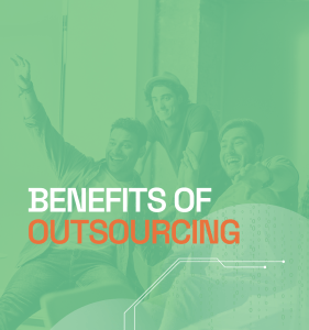 green cover with "benefits of outsourcing" text and three young men laughing in the background