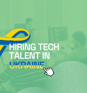 green cover with "Hiring Tech Talent in Ukraine" text and men working at computers in an office in the background