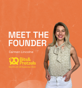 Carmen Lincolne smiling against orange background with text saying "meet the founder"